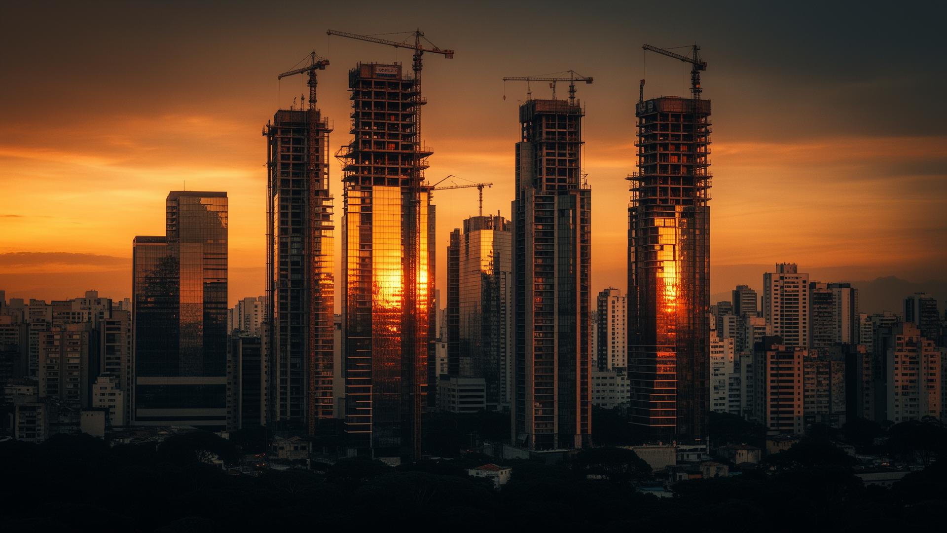 Skyline de empreendimentos em construção ao pôr do sol